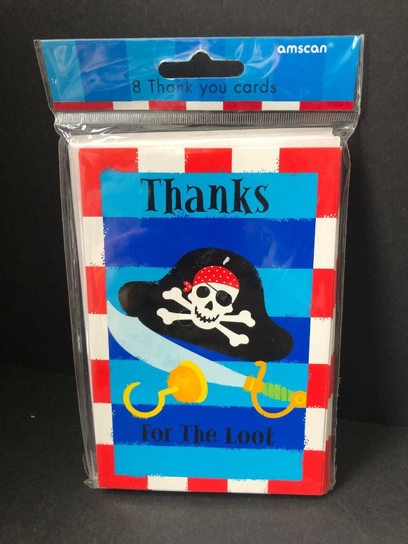 THANKS FOR THE LOOT PIRATE THANK YOU CARDS by AMSCAN - 8 CARDS & 8 ENVELOPES