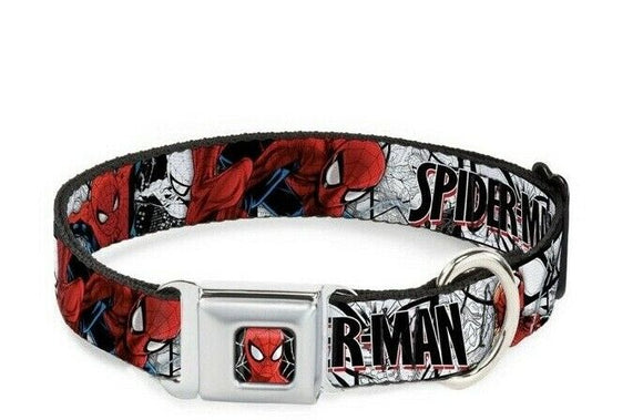 Marvel Spiderman Face Web & Action Poses Seatbelt Collar 1” wide Small 9”-15”