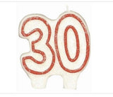 Numeral #30 Glitter Candle - White with Red Border