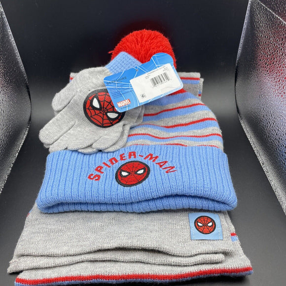 Marvel Spiderman Embroidered Pom Hat w/Matching Stretch Gloves & Scarf for Kids