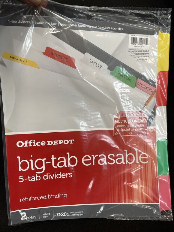 Office Depot Big 5 Tab Erasable - 2 Sets  Reinforced Binding