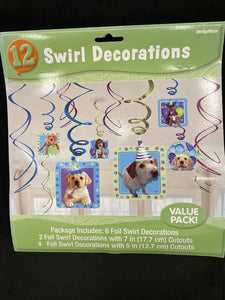 PUPPY PARTY SWIRL HANGING DECORATIONS (12) ~ Birthday Party Supplies Foil Dogs