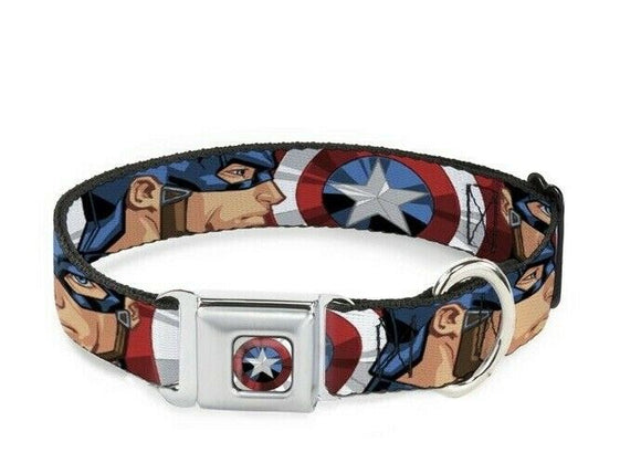 Captain America Face Turns/Sheild Close Up Seatbelt Collar 1”wide Large 15”-26”