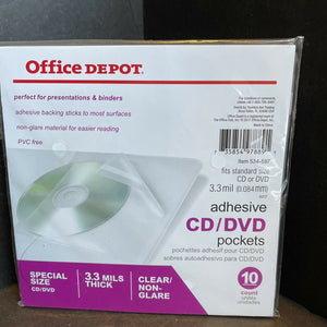 Office Depot Adhesive CD/DVD Clear Non-glare Pockets 10 Pockets 534-597 NEW