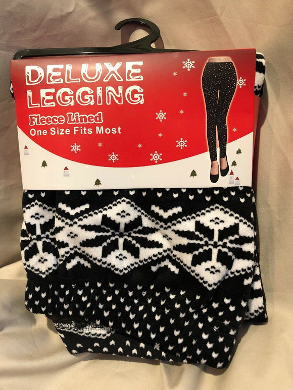 Womens Deluxe Fleece Lined Leggings Black and White with Snowflakes OSFM NEW