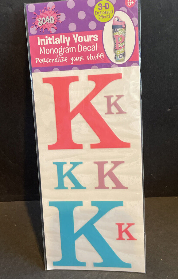 Initially Yours “K” Monogram Decal 3D Embossed Effect