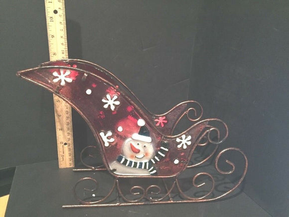 Red Stained Glass Sleigh with Snowman Candle Holder NEW No Tags