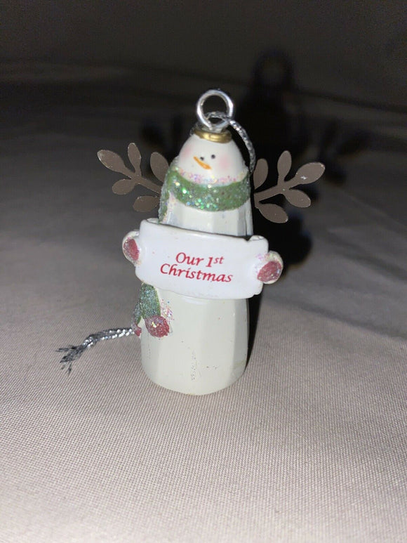 Ceramic Snowman Glitter 2” Ornament “Our 1st Christmas” NEW