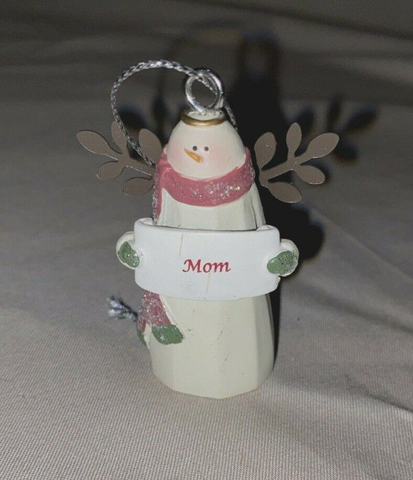 Ceramic Snowman Glitter 2” Ornament “Mom” NEW