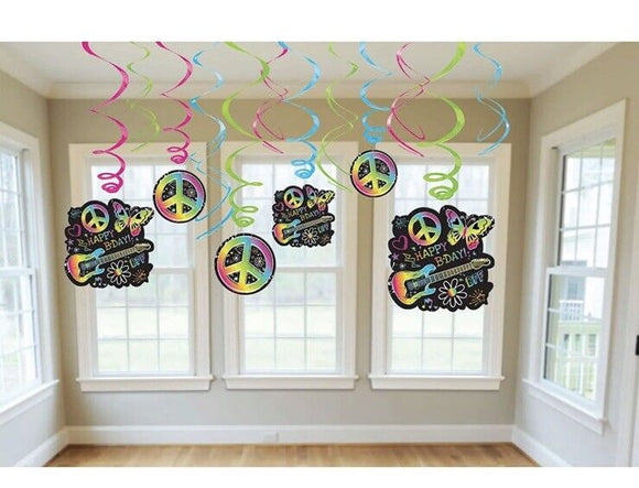 Neon Birthday Zebra Print Butterfly Peace Guitar Party Hanging Swirl Decorations