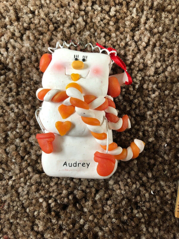 Audrey Personalized Snowman Ornament Encore 2004 Orange Scarf NEW