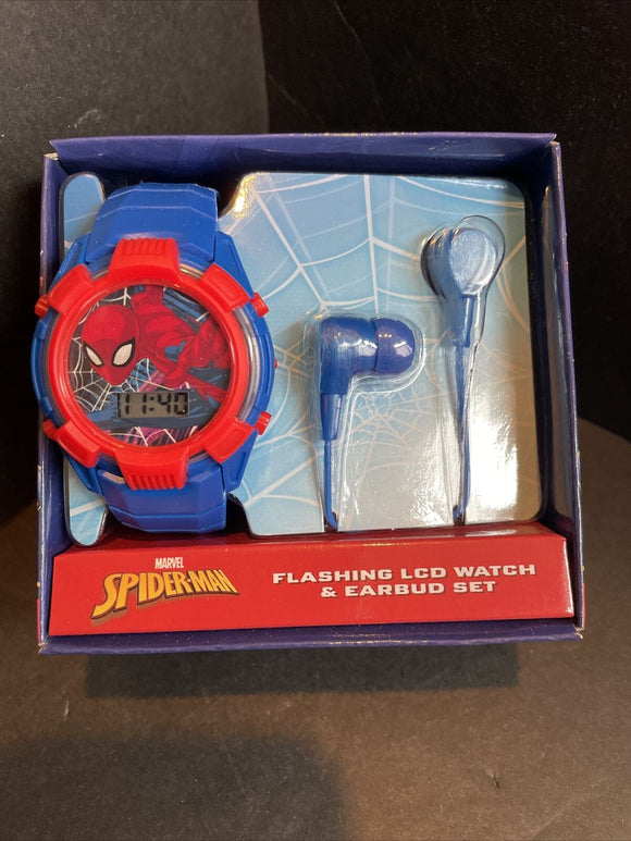 Spiderman Youth Flashing LCD Watch & Earbud Set New